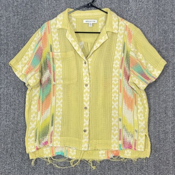 Urban Outfitters Shirt Womens L Yellow Short Sleeve Boxy Button Up Frayed Hem - Picture 1 of 11
